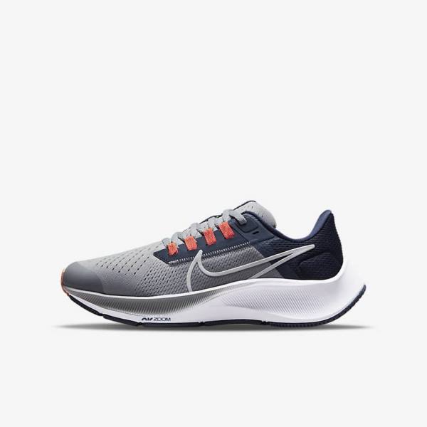 Nike Air Zoom Pegasus 38 Older Maantie Lasten Juoksukengät Harmaat Laivastonsininen Oranssi Valkoinen | NK940YUR