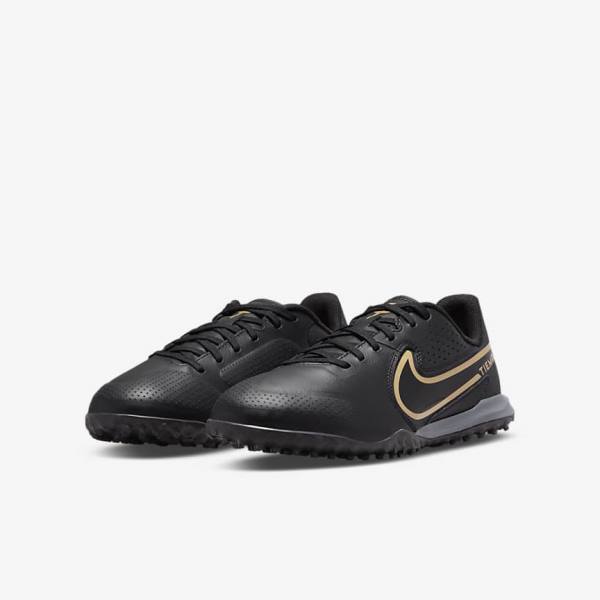 Nike Jr. Tiempo Legend 9 Academy TF Older Turf Lasten Jalkapallokengät Mustat Tummanharmaat Metal Kultaiset Mustat | NK719EQR