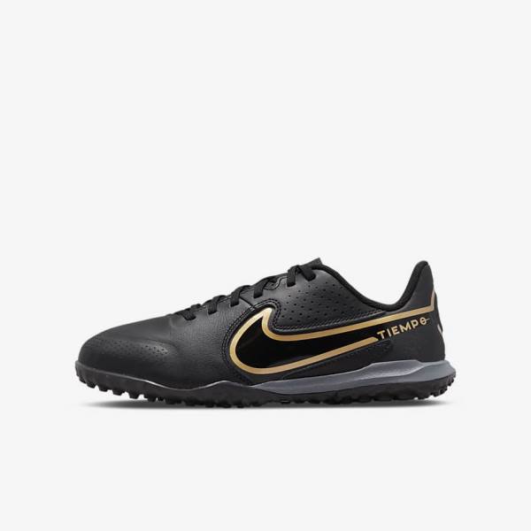 Nike Jr. Tiempo Legend 9 Academy TF Older Turf Lasten Jalkapallokengät Mustat Tummanharmaat Metal Kultaiset Mustat | NK719EQR