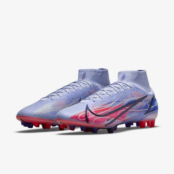 Nike Mercurial Superfly 8 Elite KM AG Artificial-Grass Miesten Jalkapallokengät Indigo Vaaleanpunainen Metal Hopea | NK031KFT