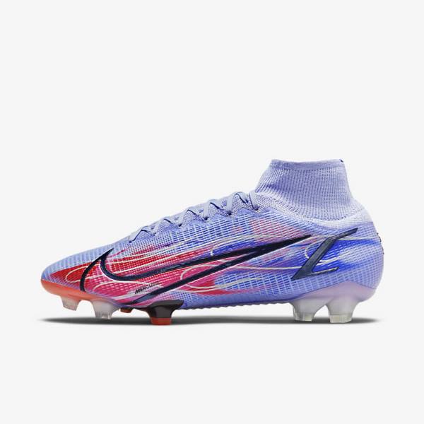 Nike Mercurial Superfly 8 Elite KM FG Firm-Ground Miesten Jalkapallokengät Indigo Vaaleanpunainen Metal Hopea | NK536DJB